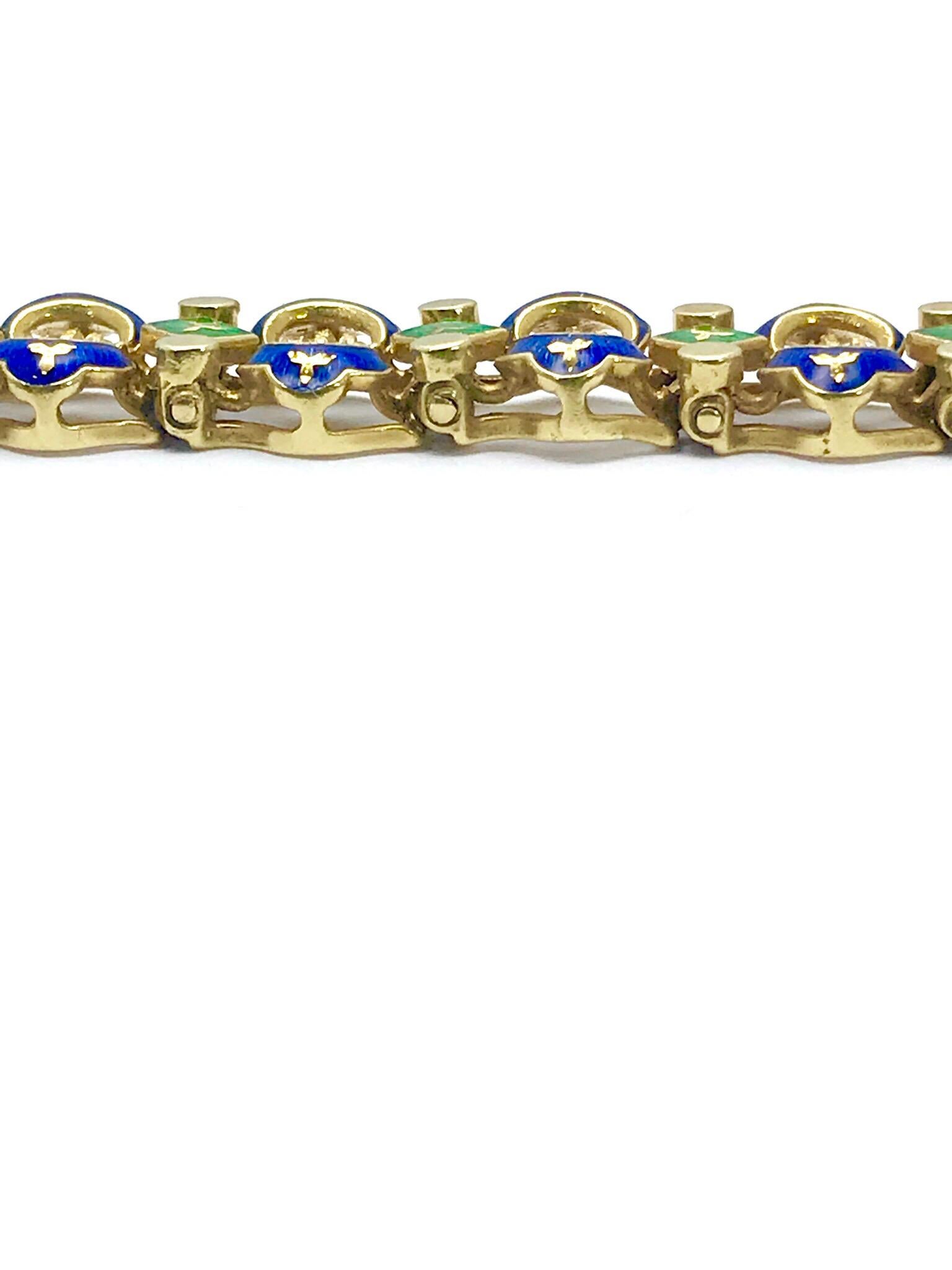 Retro Royal Blue and Shamrock Green Enamel and 18 Karat Yellow Gold Bracelet 2