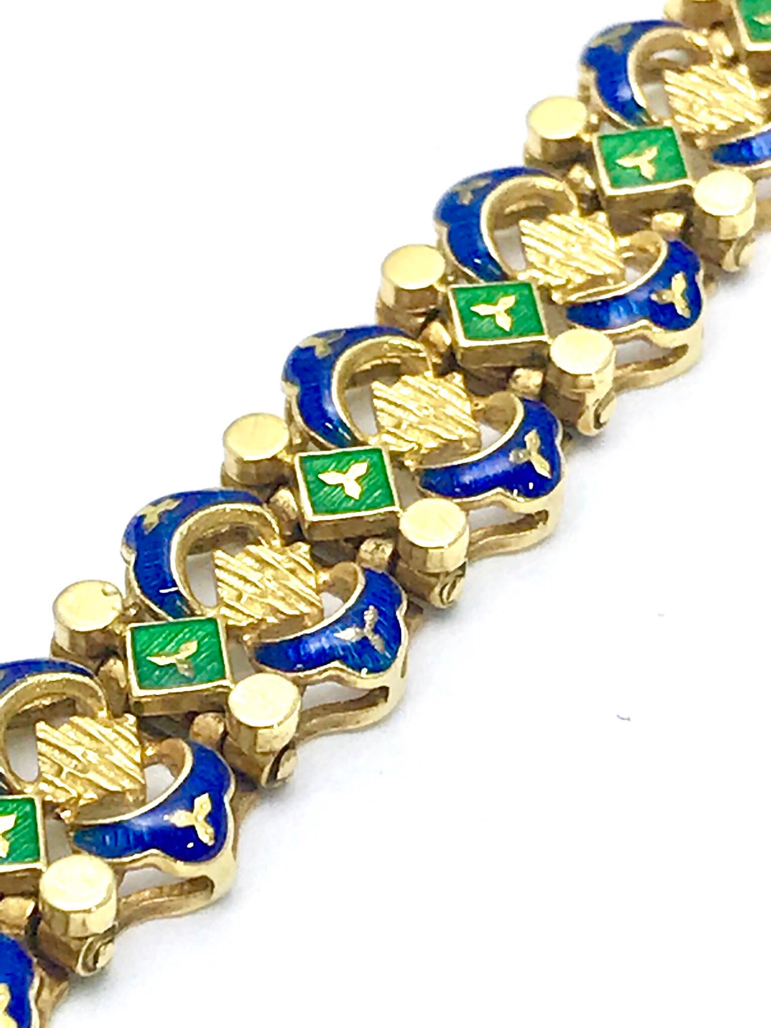 Retro Royal Blue and Shamrock Green Enamel and 18 Karat Yellow Gold Bracelet 5