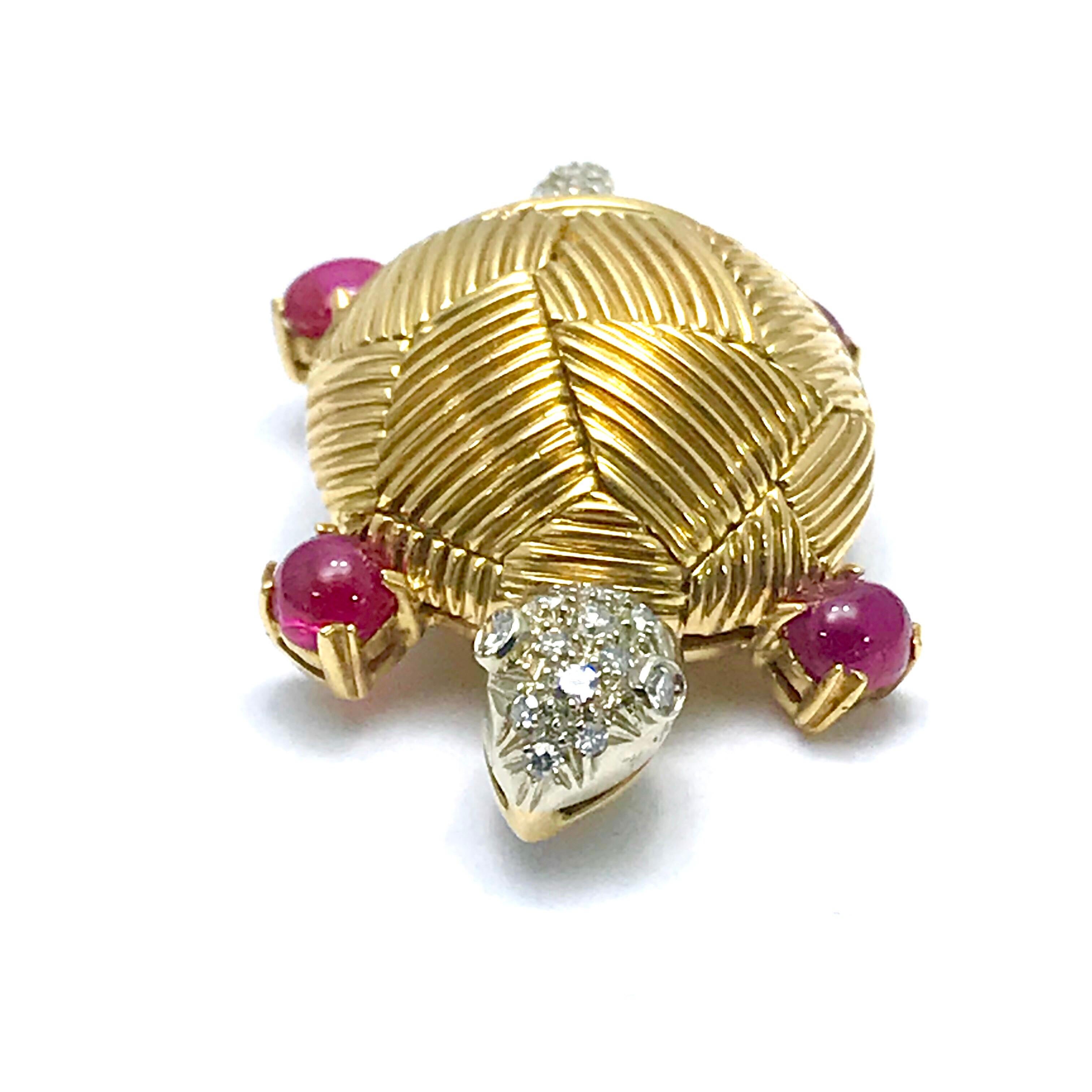 Retro Van Cleef & Arpels Cabochon Ruby and Diamond Yellow Gold Turtle Brooch