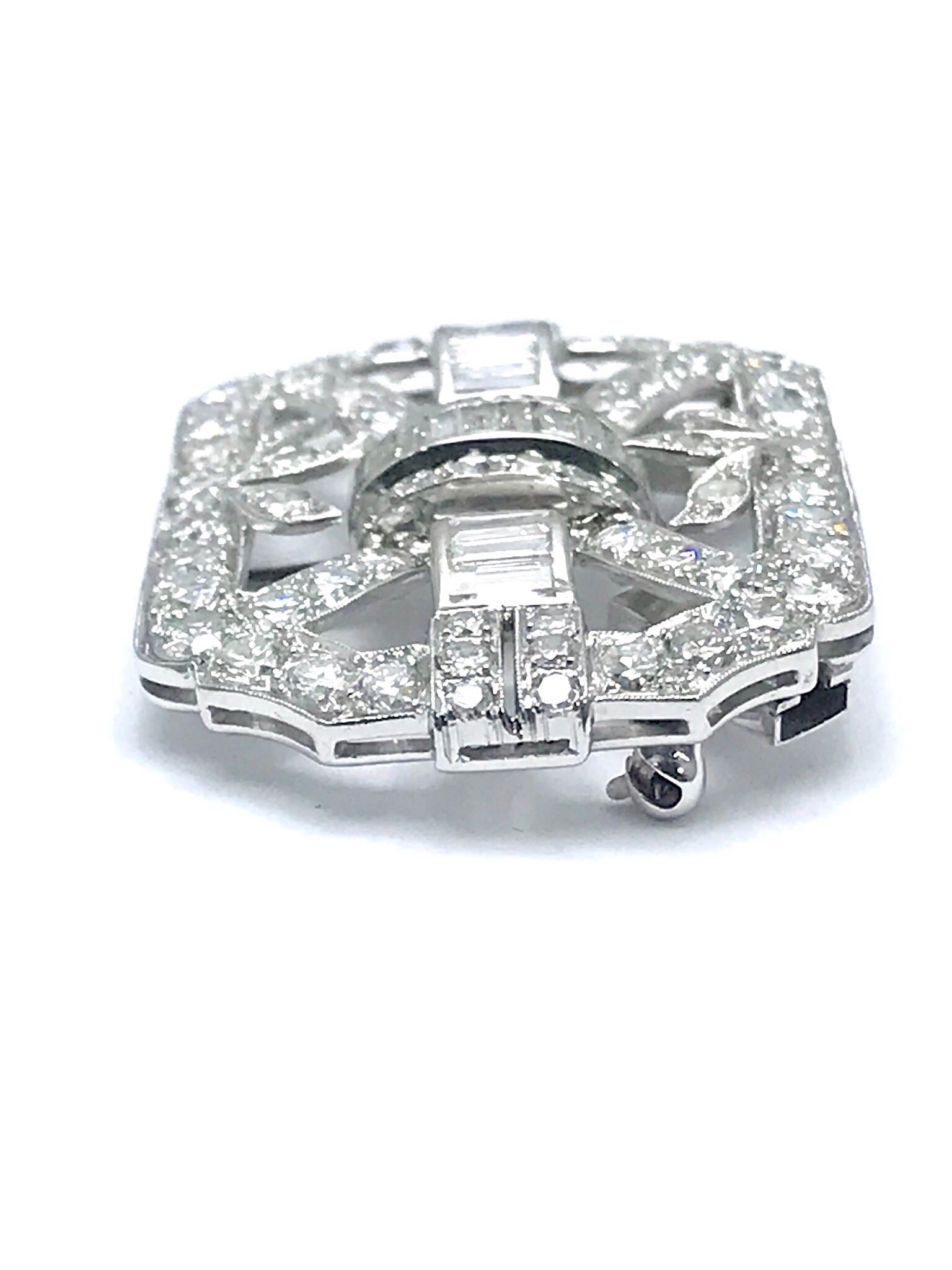 Women's or Men's 4.10 Carat Diamond Art Deco Style Platinum Brooch Pendant For Sale