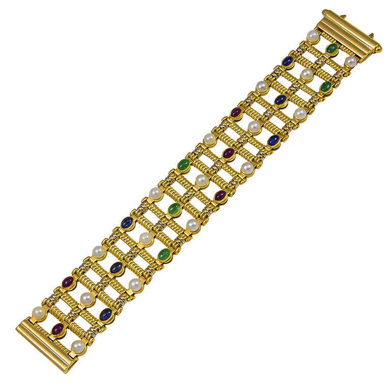 Cabochon Ruby Sapphire Emerald Pearl Bracelet