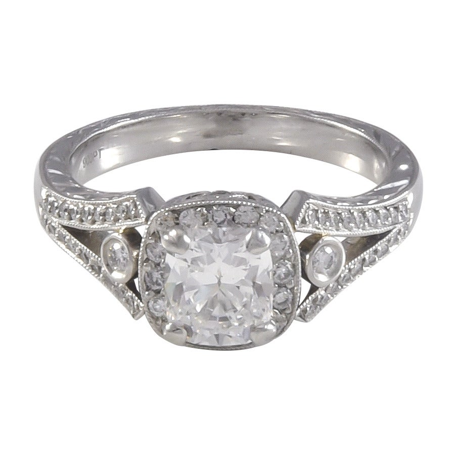 1.03 Carat D/SI1 Diamond with Diamond Halo and Hand Engraved Platinum Ring