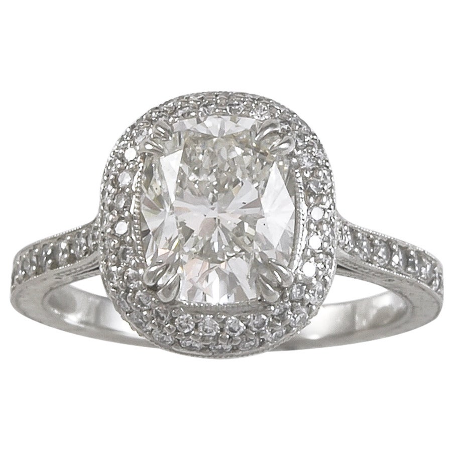 2.11 Carat G/VS2 Cushion Diamond with Pave Halo and Hand Engraved Platinum Ring 