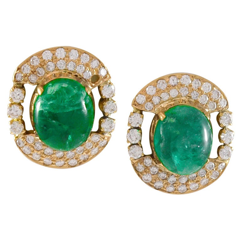 5.00 Carat Cabochon Emerald Diamond Gold Post Earrings