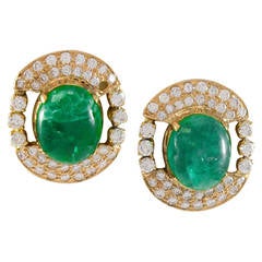 5.00 Carat Cabochon Emerald Diamond Gold Post Earrings