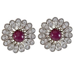 Cabochon Ruby Diamond Gold Floral Button Earrings
