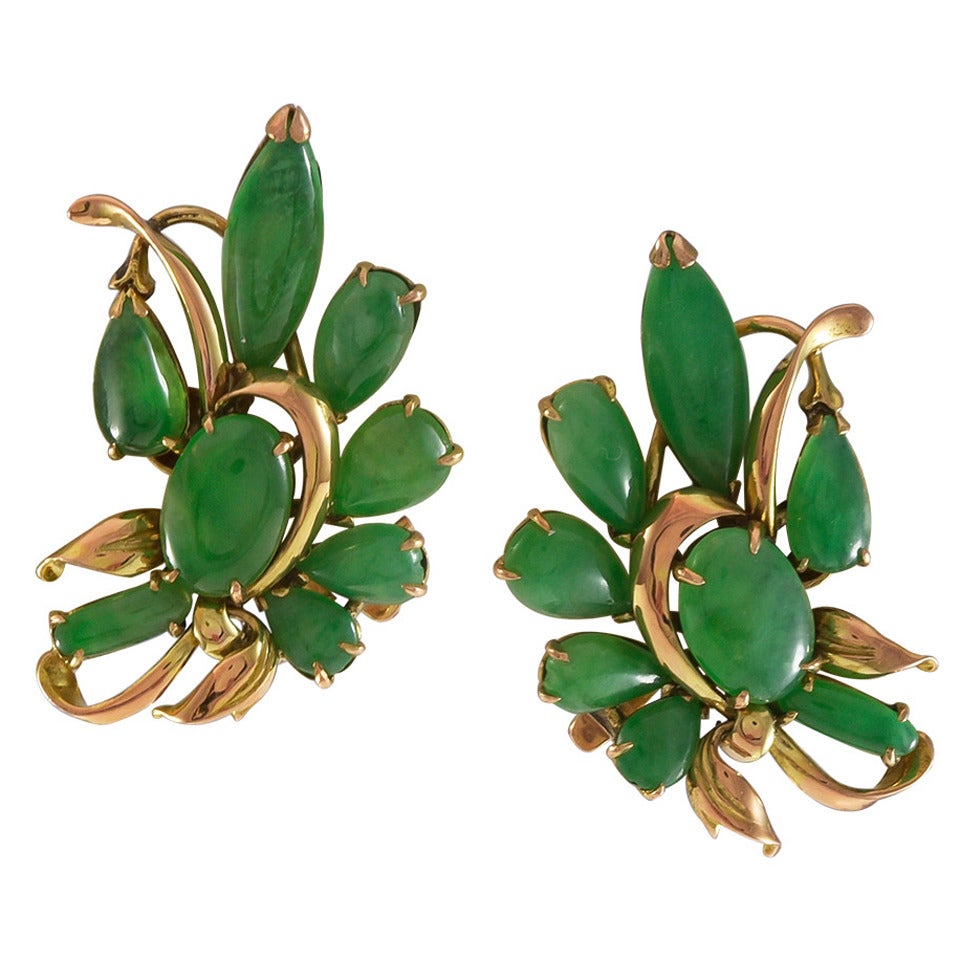 Jade Gold Floral Clip Earrings