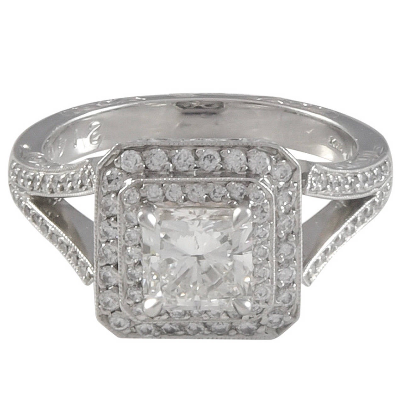 1.00 Carat GIA Cert Princess Cut Double Halo Diamond Platinum Ring