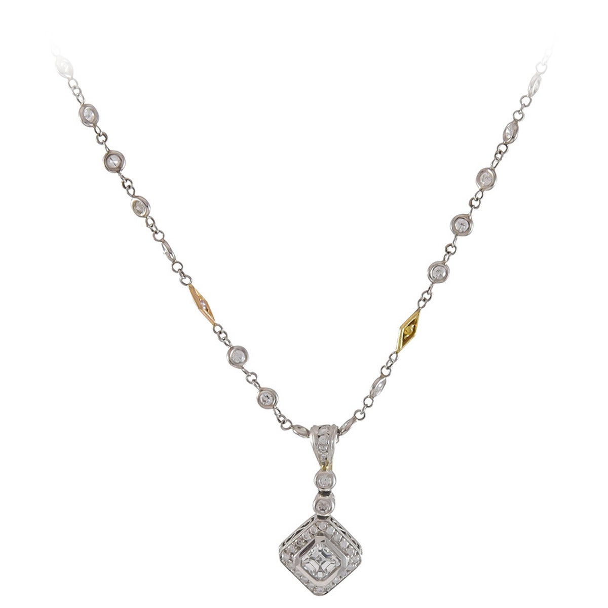 Asscher Cut Diamond Platinum Pendant and Chain