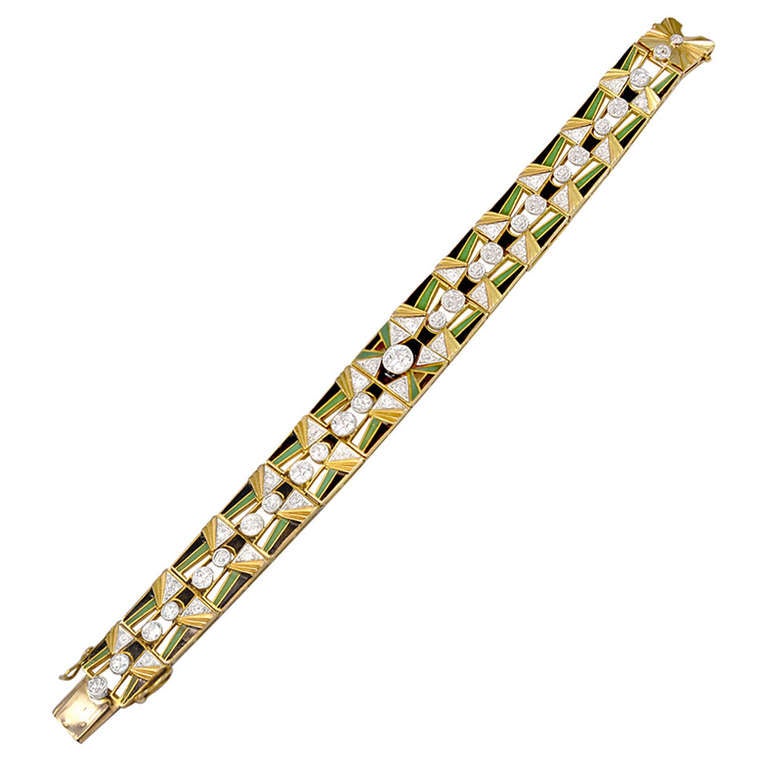 Art Deco Enamel Diamond Gold Bracelet