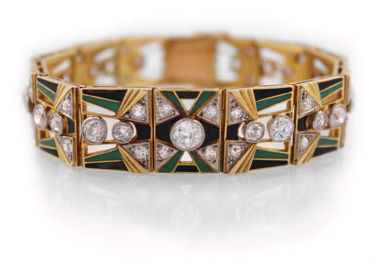 Art Deco Enamel Diamond Gold Bracelet In Excellent Condition In Chevy Chase, MD