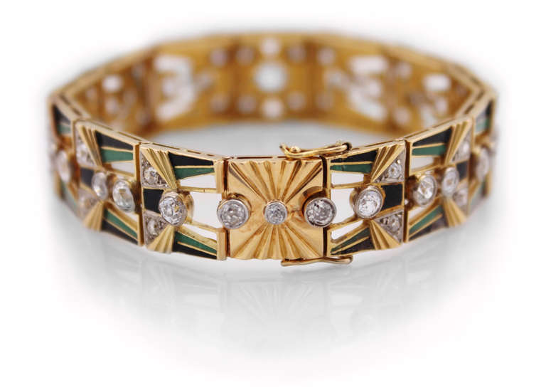 Art Deco Enamel Diamond Gold Bracelet 1