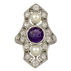 Antique Art Deco Pearl Amethyst Diamond Platinum Ring
