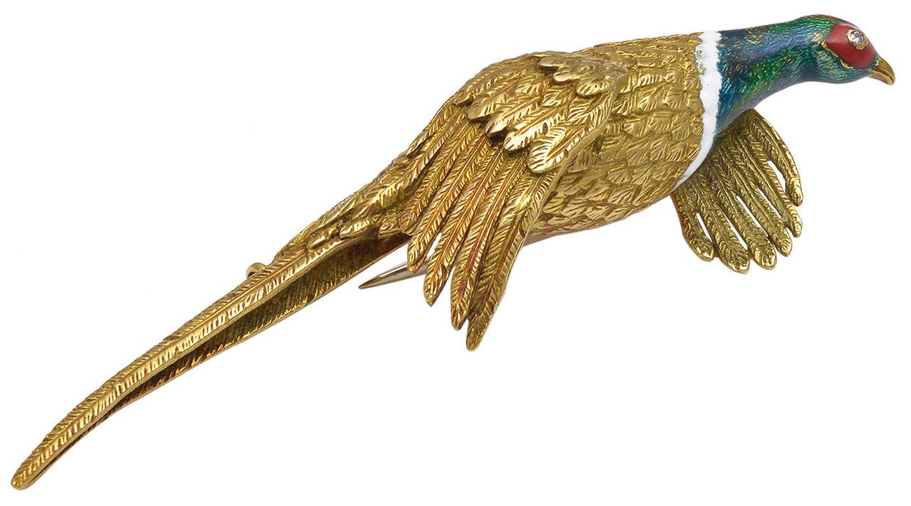 Mellerio dits Meller Paris Enameled Gold Pheasant Brooch In Excellent Condition In Chevy Chase, MD
