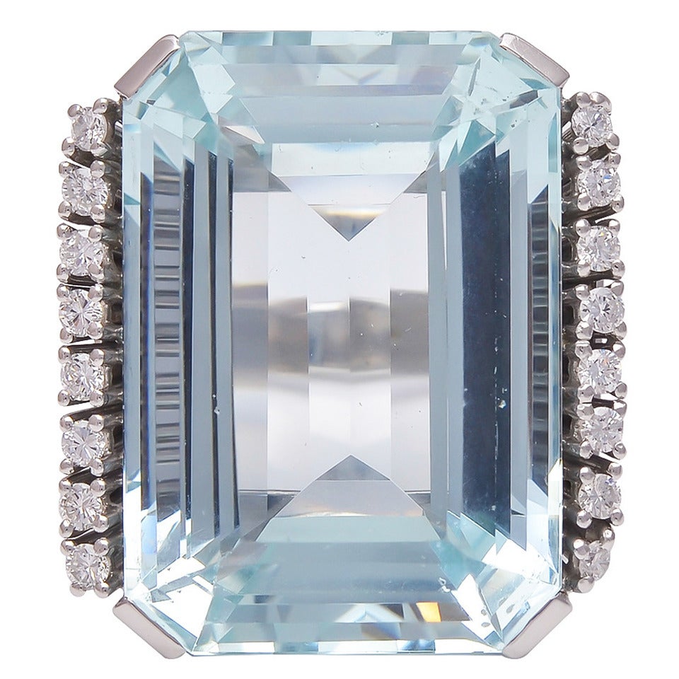Large Emerald Cut Aquamarine Diamond Gold Ring