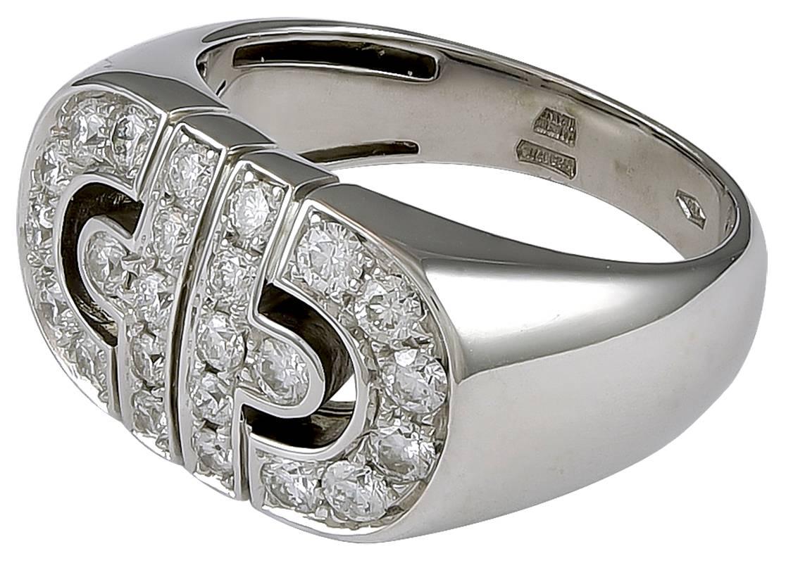 Bulgari 18k white gold ring from Parentesi collection with approx. 0.70ctw in G/VS diamonds. Ring size 6.00, ring top is 10mm x 20mm. 

Signed: Bvlgari
Hallmark: 750 Italy.