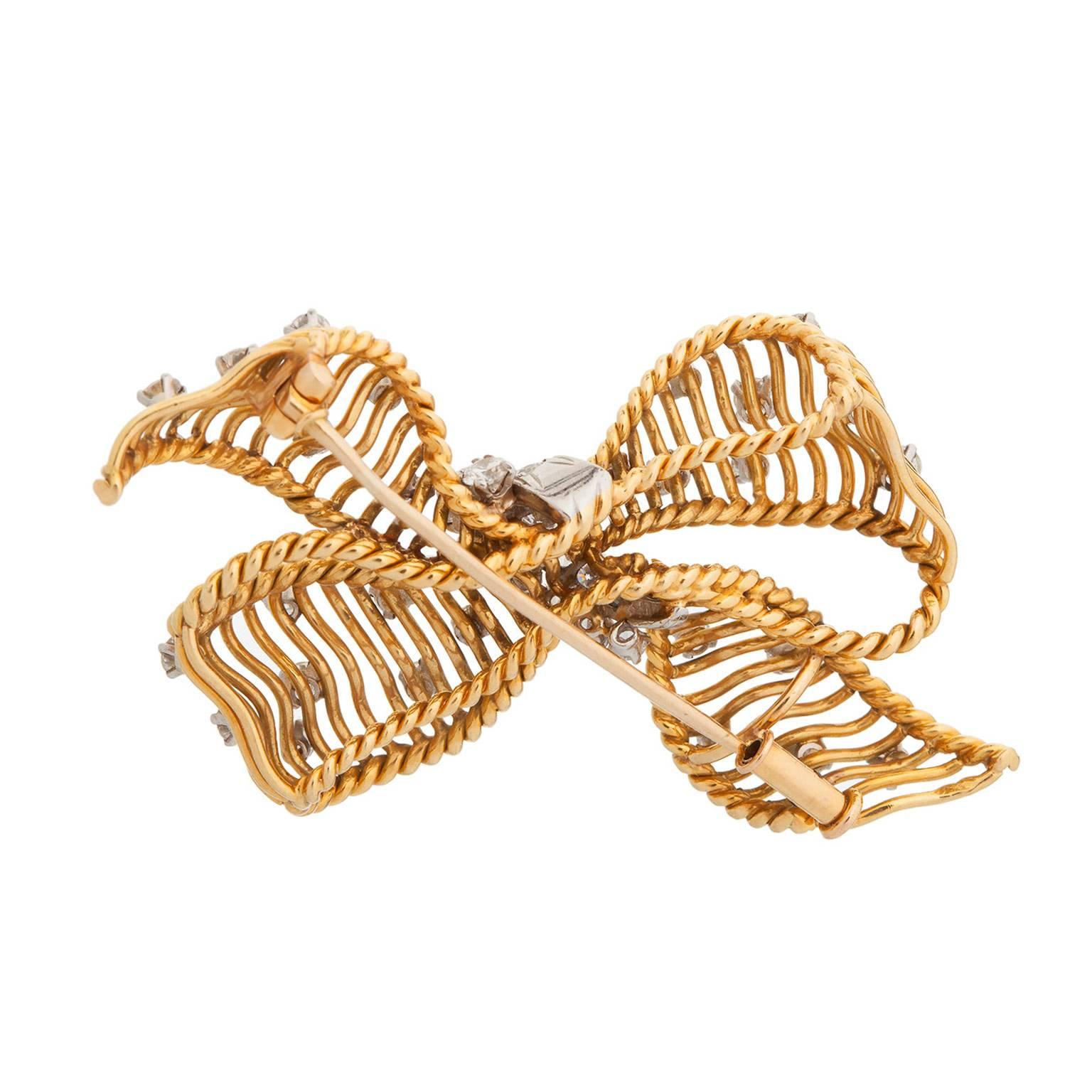 Bulgari Diamond Gold Bow Brooch In Excellent Condition In Chevy Chase, MD