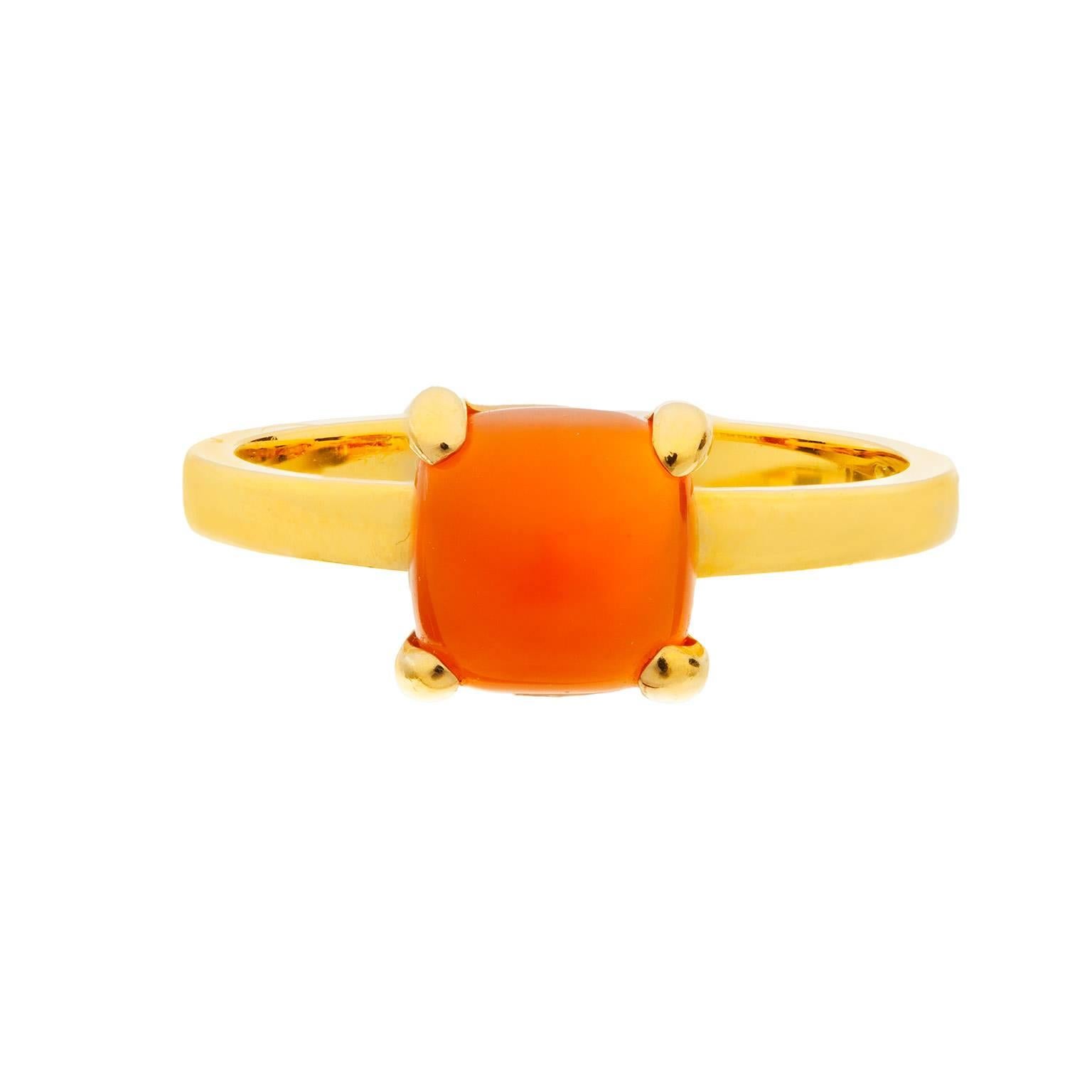Luscious colors, designed to be stacked or worn alone. Tiffany & Co. ring with an orange chalcedony in 18k yellow gold.  The chalcedony is a loaf cut, weighing an estimated 1.70cts.. Original designs copyrighted by Paloma Picasso.

Signed: 
