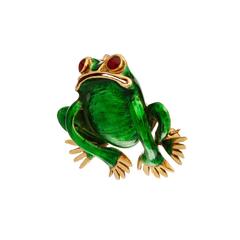Green Enamel Gold Frog Brooch with Ruby Eyes