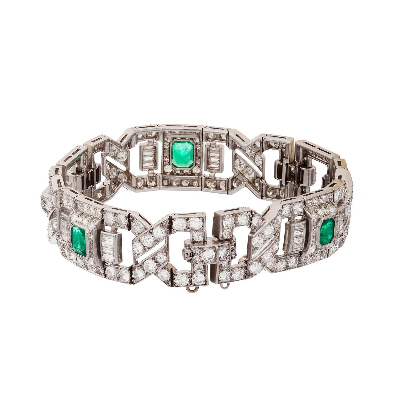 Women's or Men's Art Deco Emerald Diamond Platinum Link Bracelet