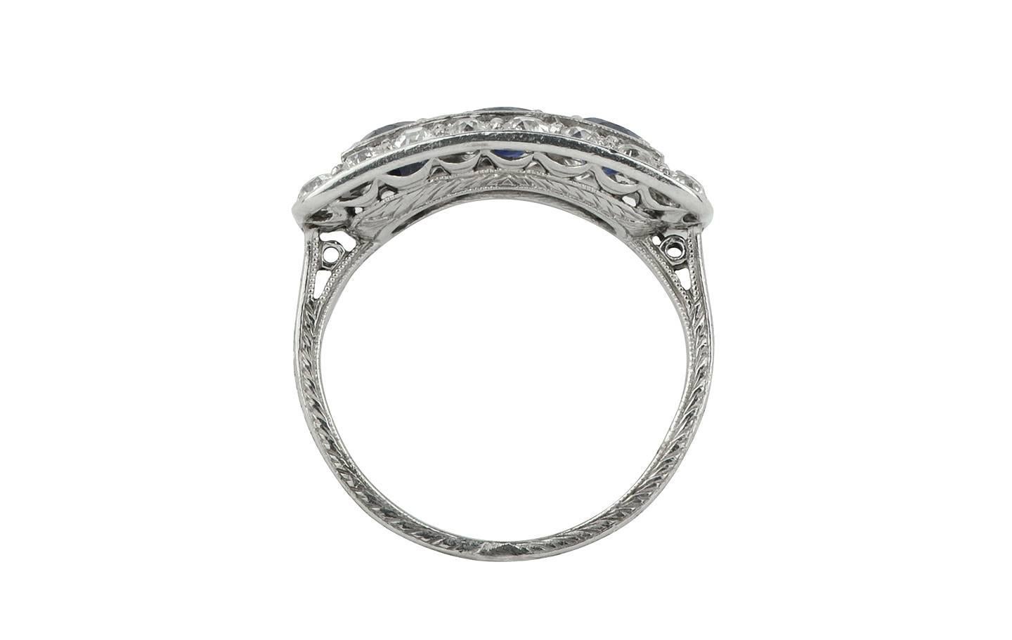 Women's or Men's Art Deco Sapphire and Diamond Platinum Ring