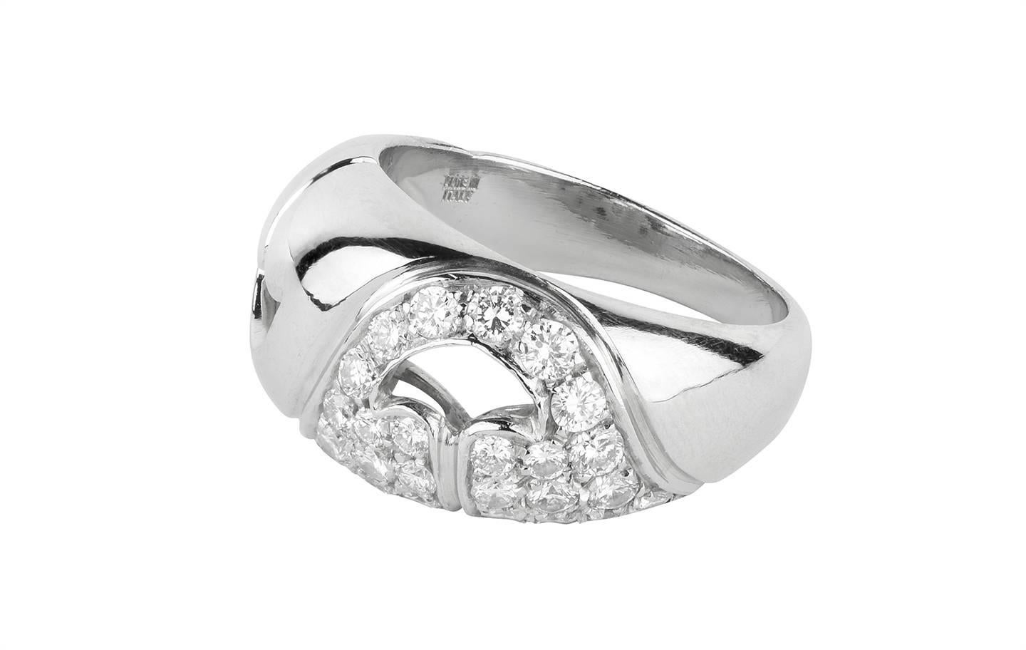 Bulgari Nuvole Collection ring holds 25 round brilliant cut diamonds at a total estimated weight of .75 carats. Beautiful open design. All made in platinum.

Ring is a size 6.50.