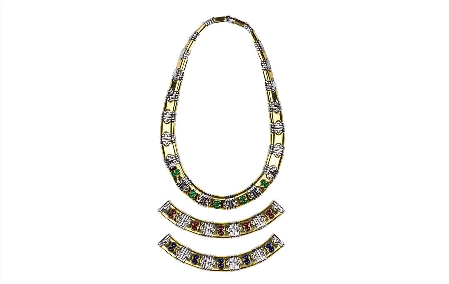 Cabochon Emerald Ruby Sapphire White and Yellow Gold Necklace In Excellent Condition In Chevy Chase, MD