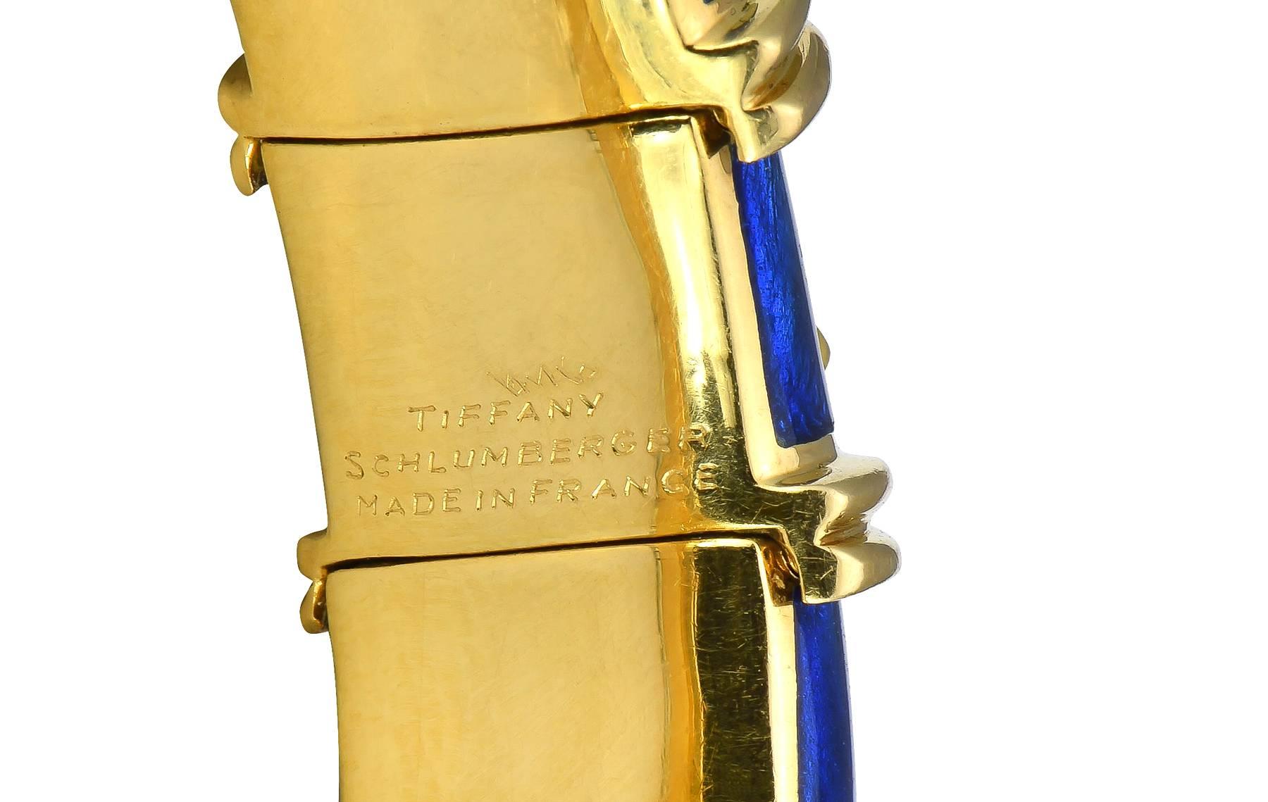 Modern Tiffany & Co. Schlumberger Blue Enameled Yellow Gold Bangle