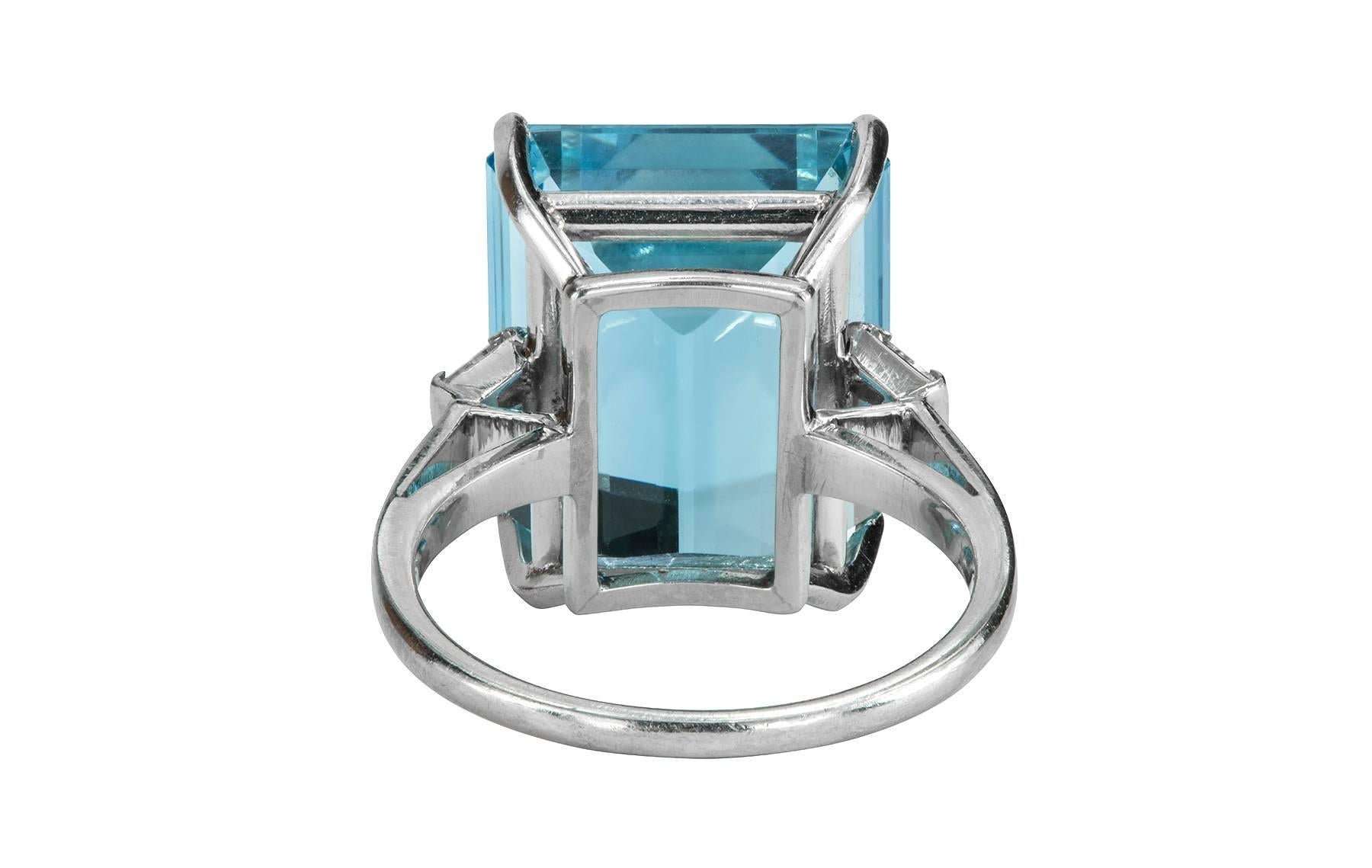 Modern Emerald Cut Aquamarine and Diamond Platinum Ring