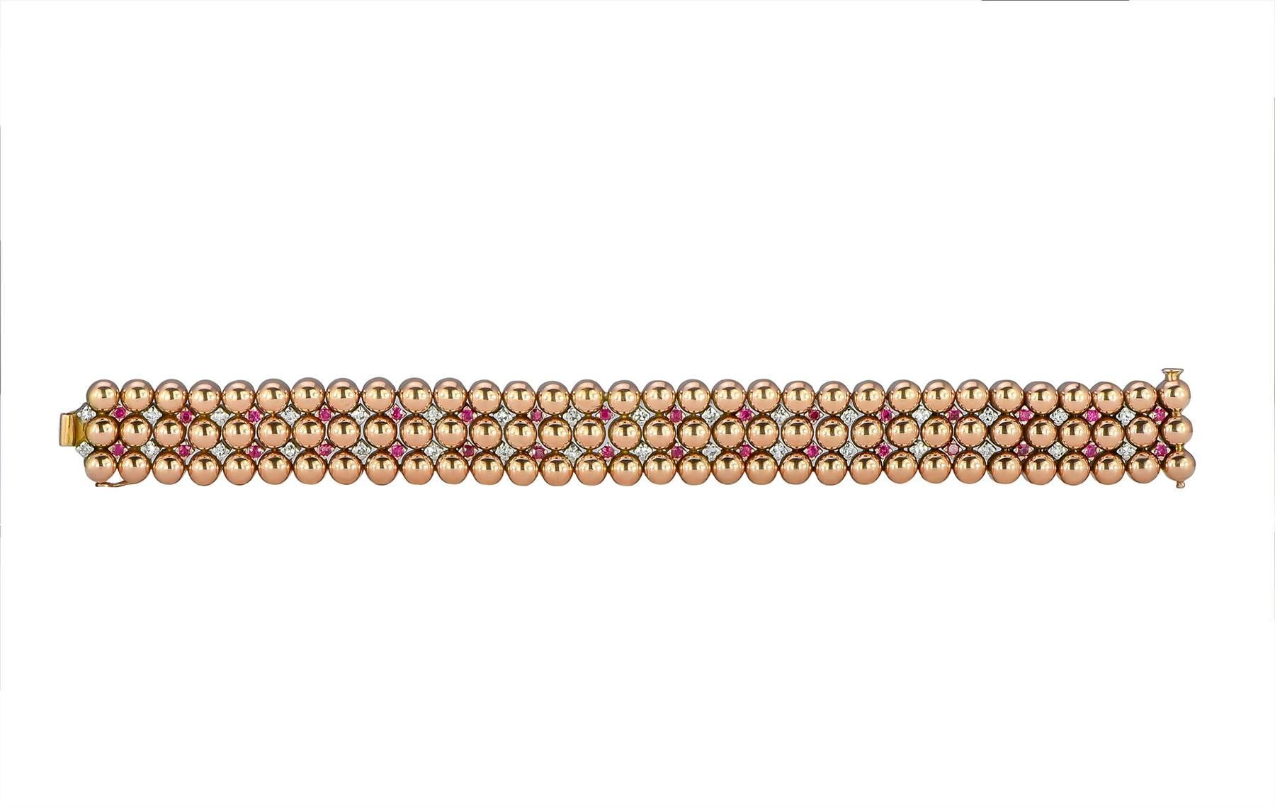 Retro Ruby and Diamond Rose Gold Bracelet In Excellent Condition For Sale In Chevy Chase, MD