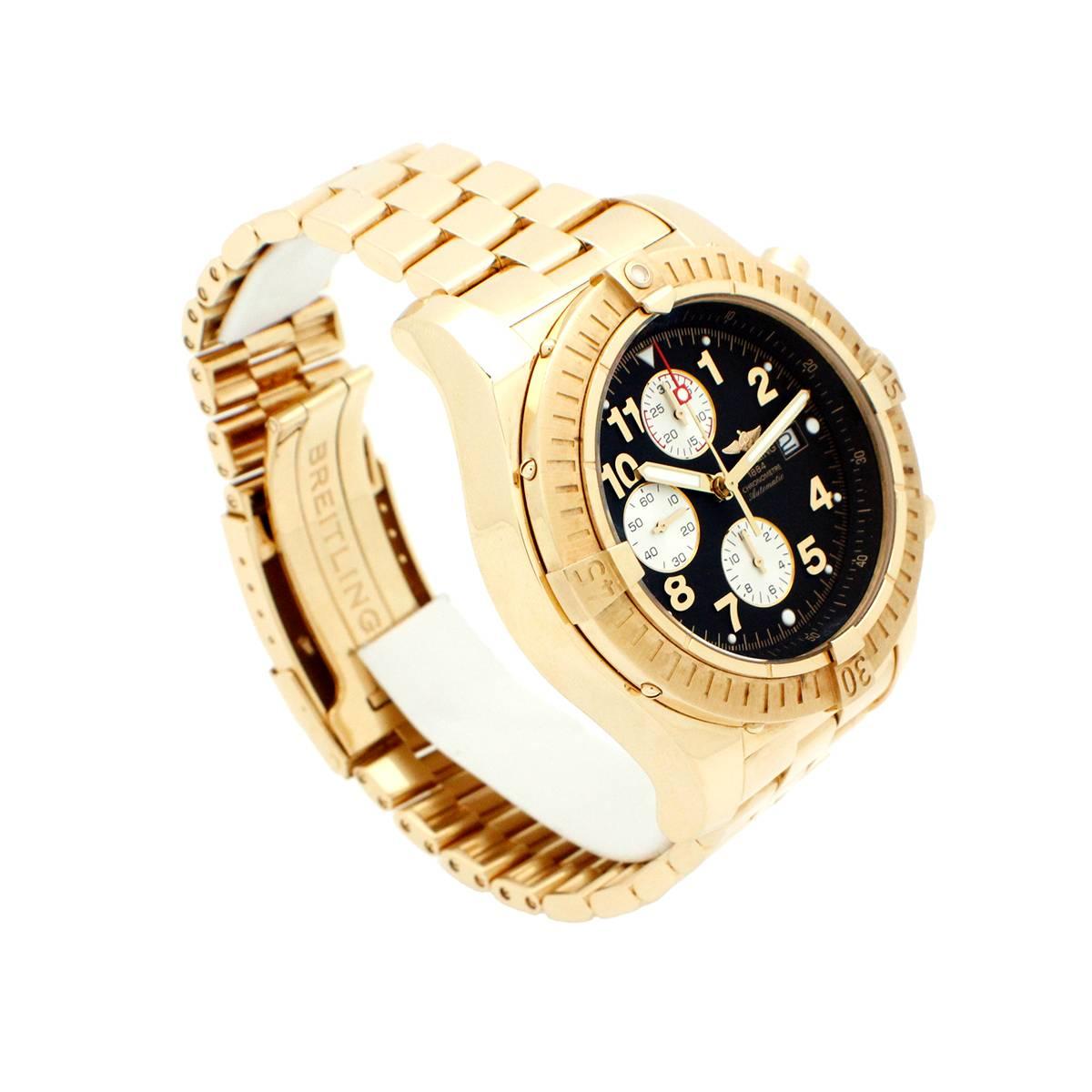 Mens 18k Yellow Gold Breitling Super Avenger Watch K13370 Limited Ed. #1

Movement: self-winding automatic movement
Function: hours, minutes, sub seconds, date at 3, chronograph
Case: 48mm 18k yellow gold case, water resistant to 300M, sapphire
