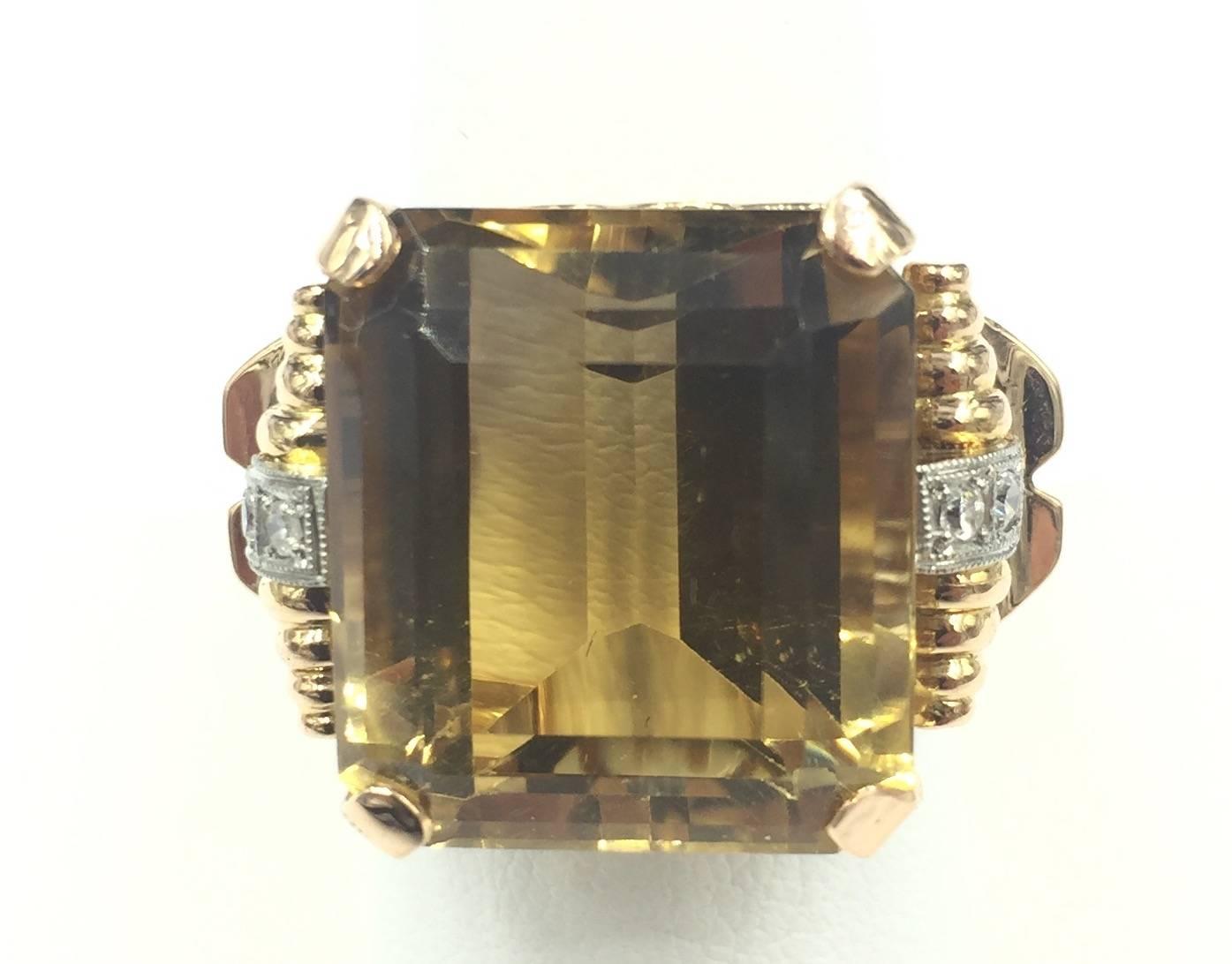 1940s Impressive Retro Rose Gold Citrine and Diamond Ring For Sale 2