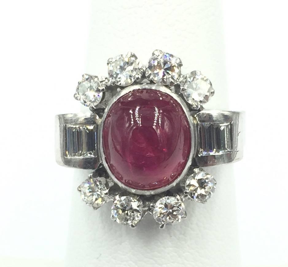  Art Deco 4 Carat Ruby Cabochon & 1.50 Carats of Diamonds in Platinum Ring In Excellent Condition For Sale In Scottsdale, AZ