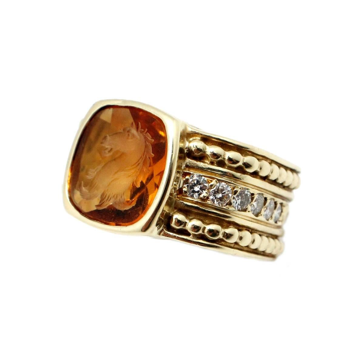 Contemporary Signed Judith Ripka Intaglio Carved Citrine With Surrounded Diamond Gold Ring For Sale