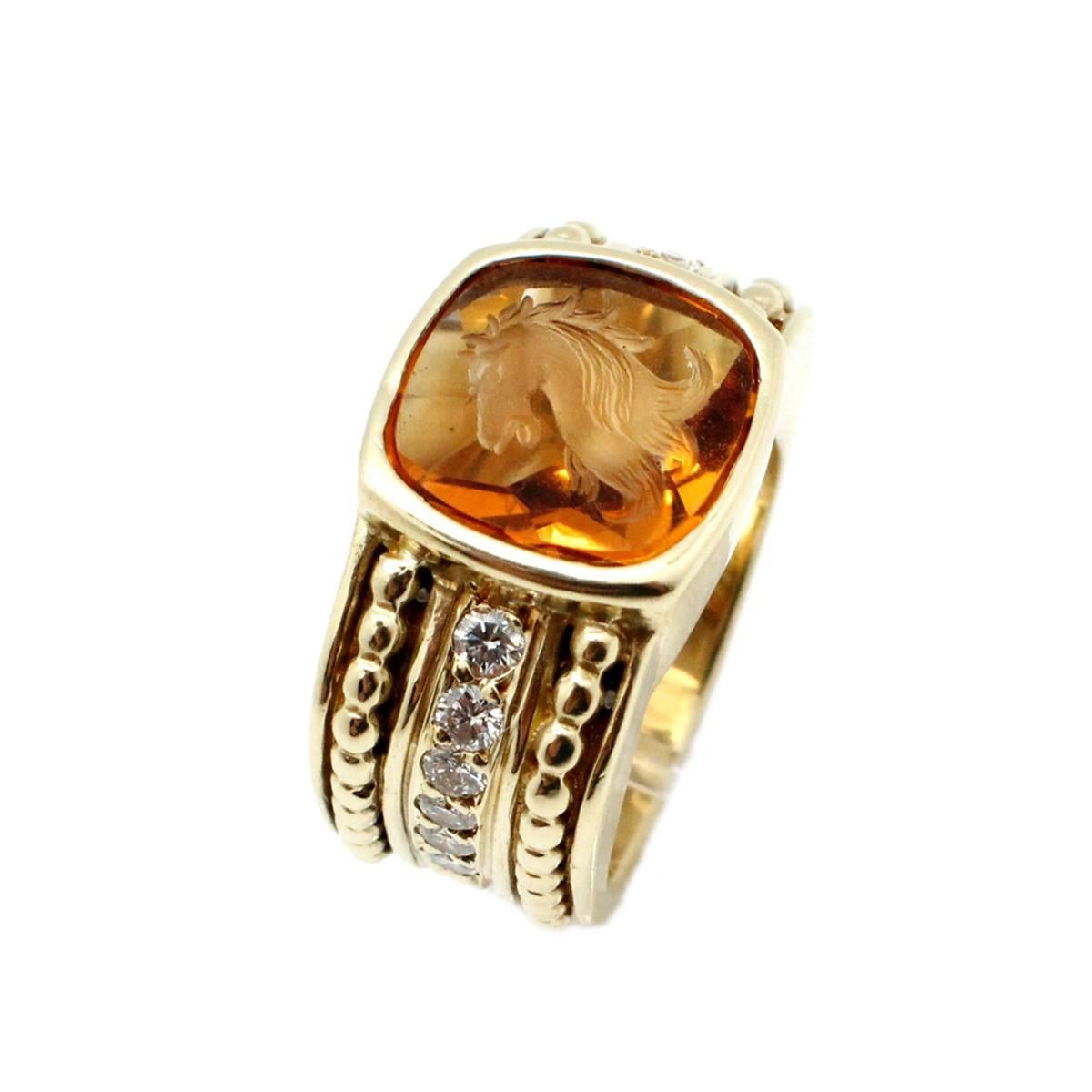 Women's or Men's Signed Judith Ripka Intaglio Carved Citrine With Surrounded Diamond Gold Ring For Sale