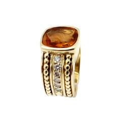 Signed Judith Ripka Intaglio Carved Citrine With Surrounded Diamond Gold Ring