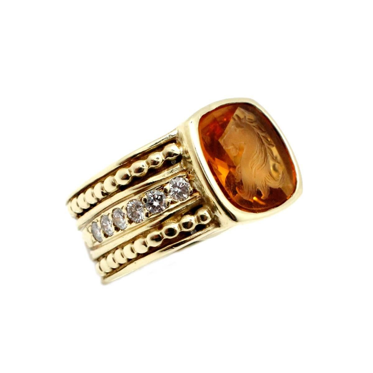 Signed Judith Ripka Intaglio Carved Citrine With Surrounded Diamond Gold Ring In Excellent Condition For Sale In Scottsdale, AZ