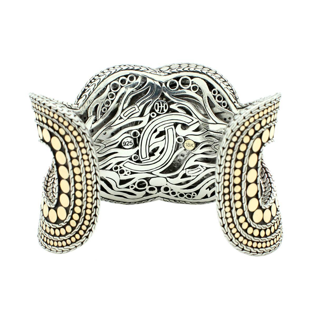 Women's John Hardy Diamond Sterling Silver Gold Woven Dot Cuff Bracelet For Sale