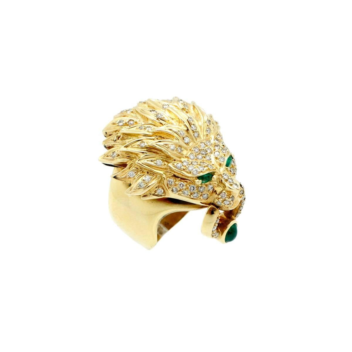 Women's Emerald Diamond Gold Lion Head Ring