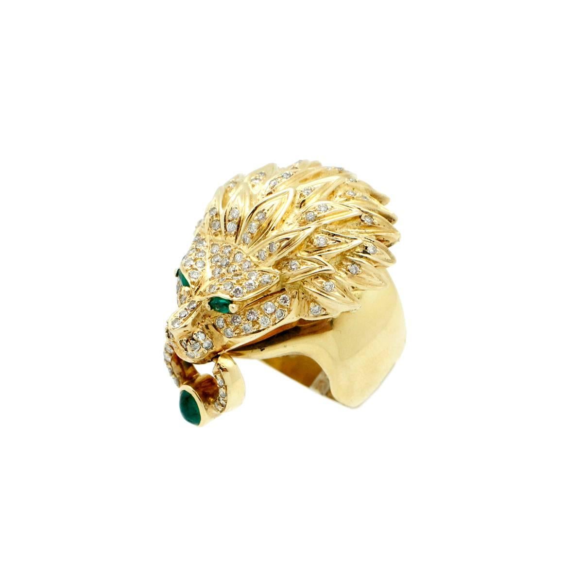 Emerald Diamond Gold Lion Head Ring In Excellent Condition In Scottsdale, AZ