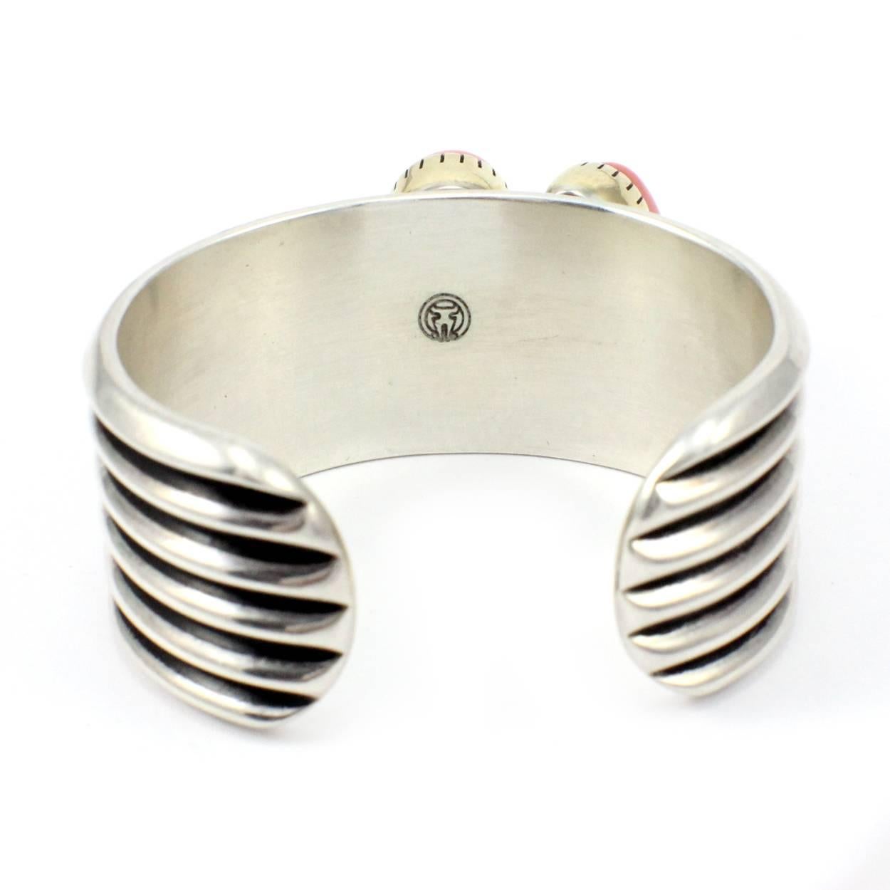 Native American Anthony Sanchez Coral Sterling Silver Gold Cuff Bracelet For Sale