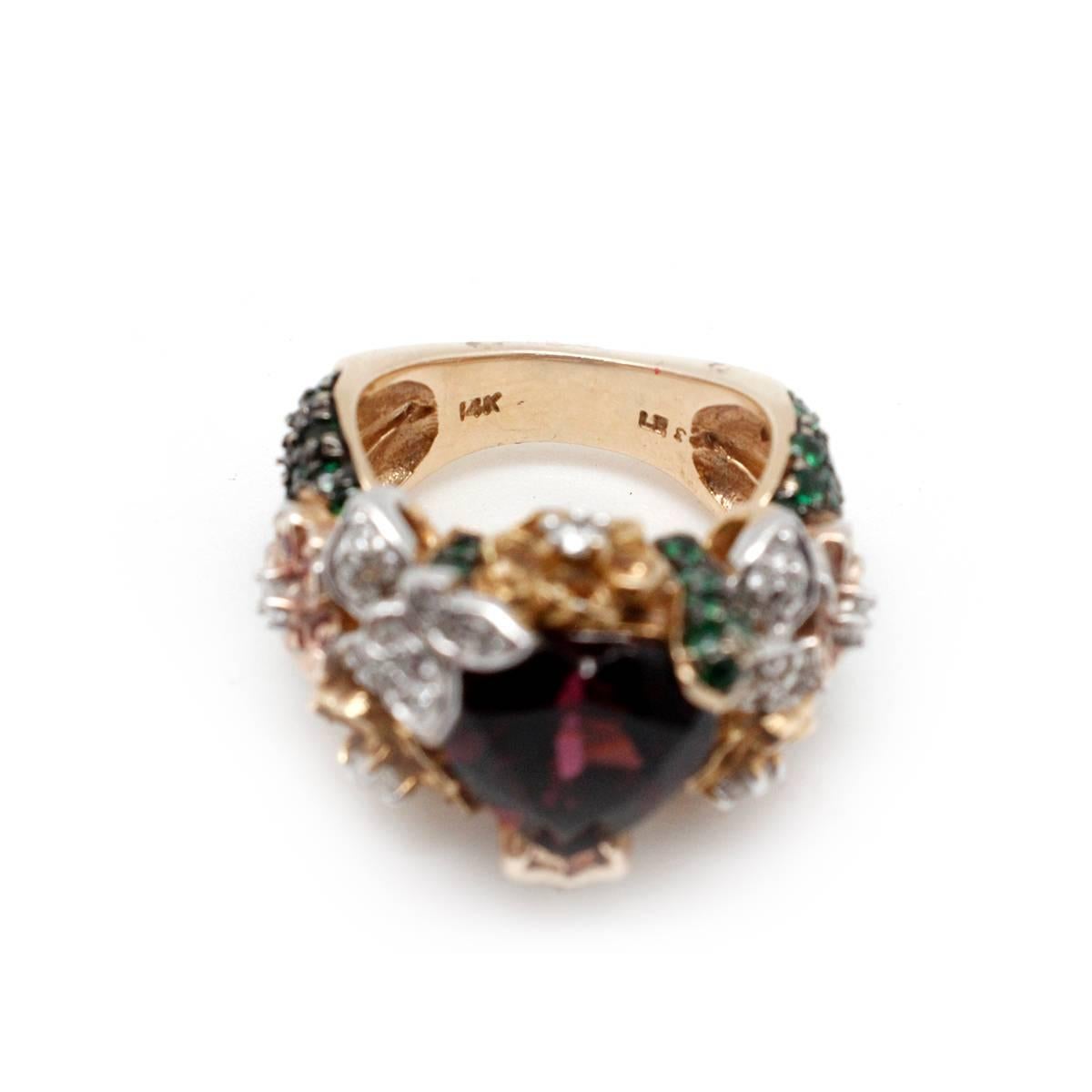 Heart Shaped Garnet Sapphire Tsavorite Diamond Two Color Gold Ring For Sale 1
