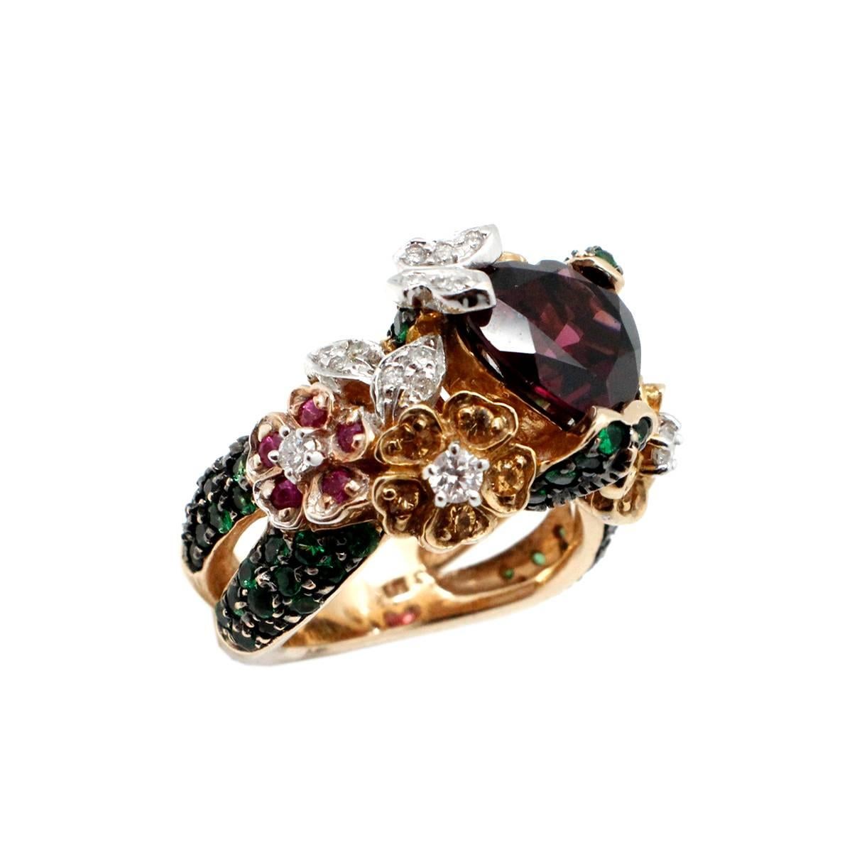 Women's Heart Shaped Garnet Sapphire Tsavorite Diamond Two Color Gold Ring For Sale