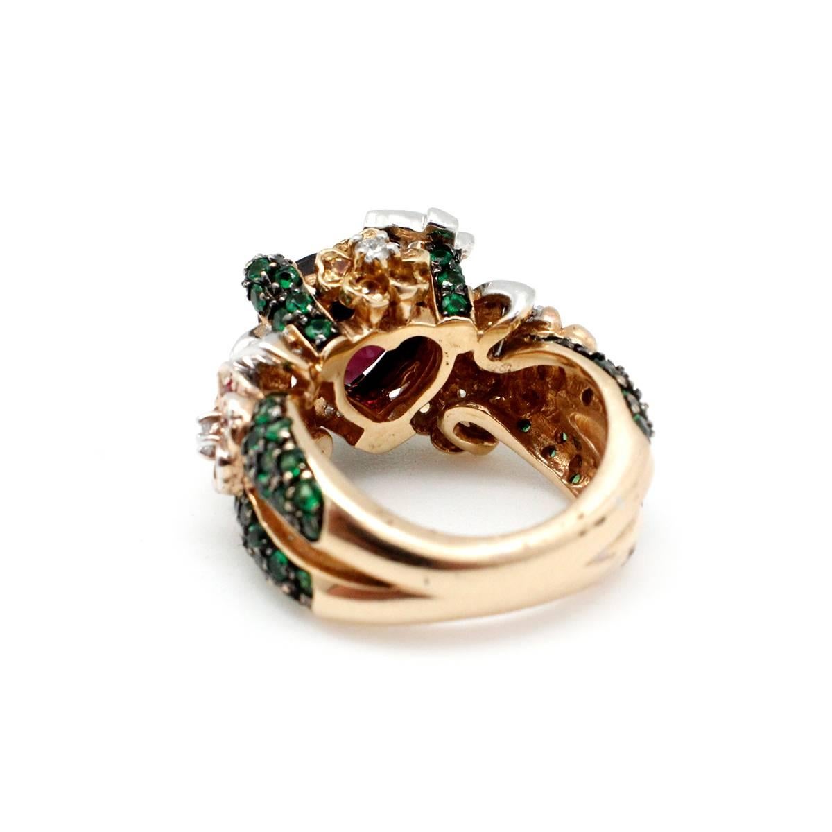Heart Shaped Garnet Sapphire Tsavorite Diamond Two Color Gold Ring For Sale 2