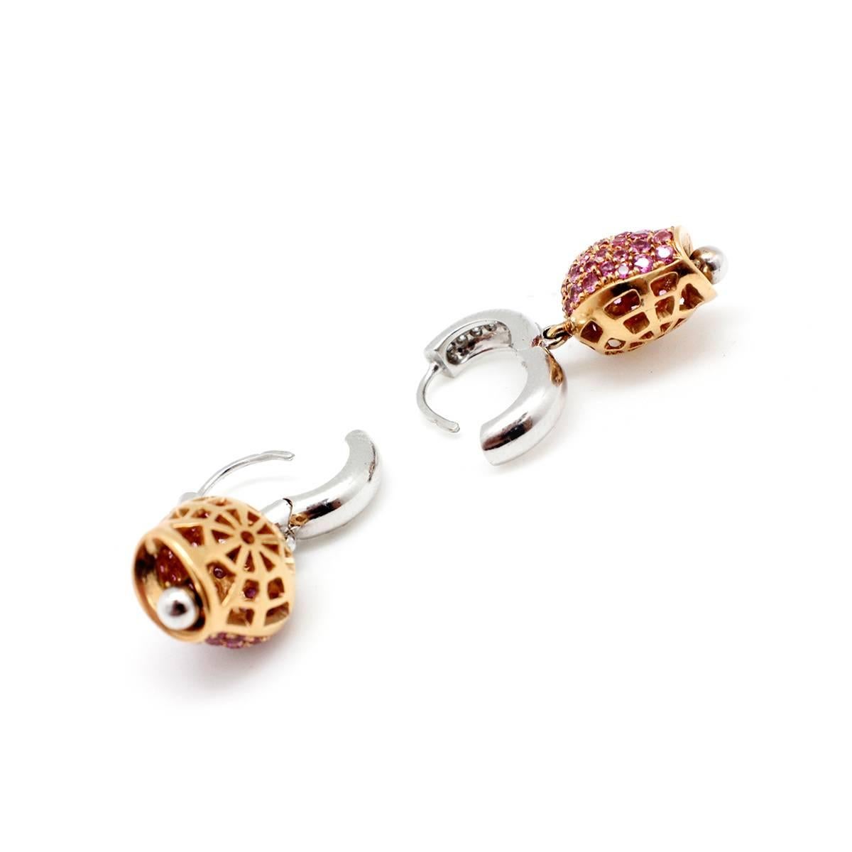 Pink Sapphire Diamond Two Color Gold Dangle Earrings For Sale 1