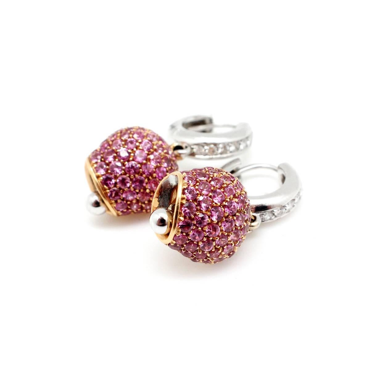 Pink Sapphire Diamond Two Color Gold Dangle Earrings In Excellent Condition For Sale In Scottsdale, AZ