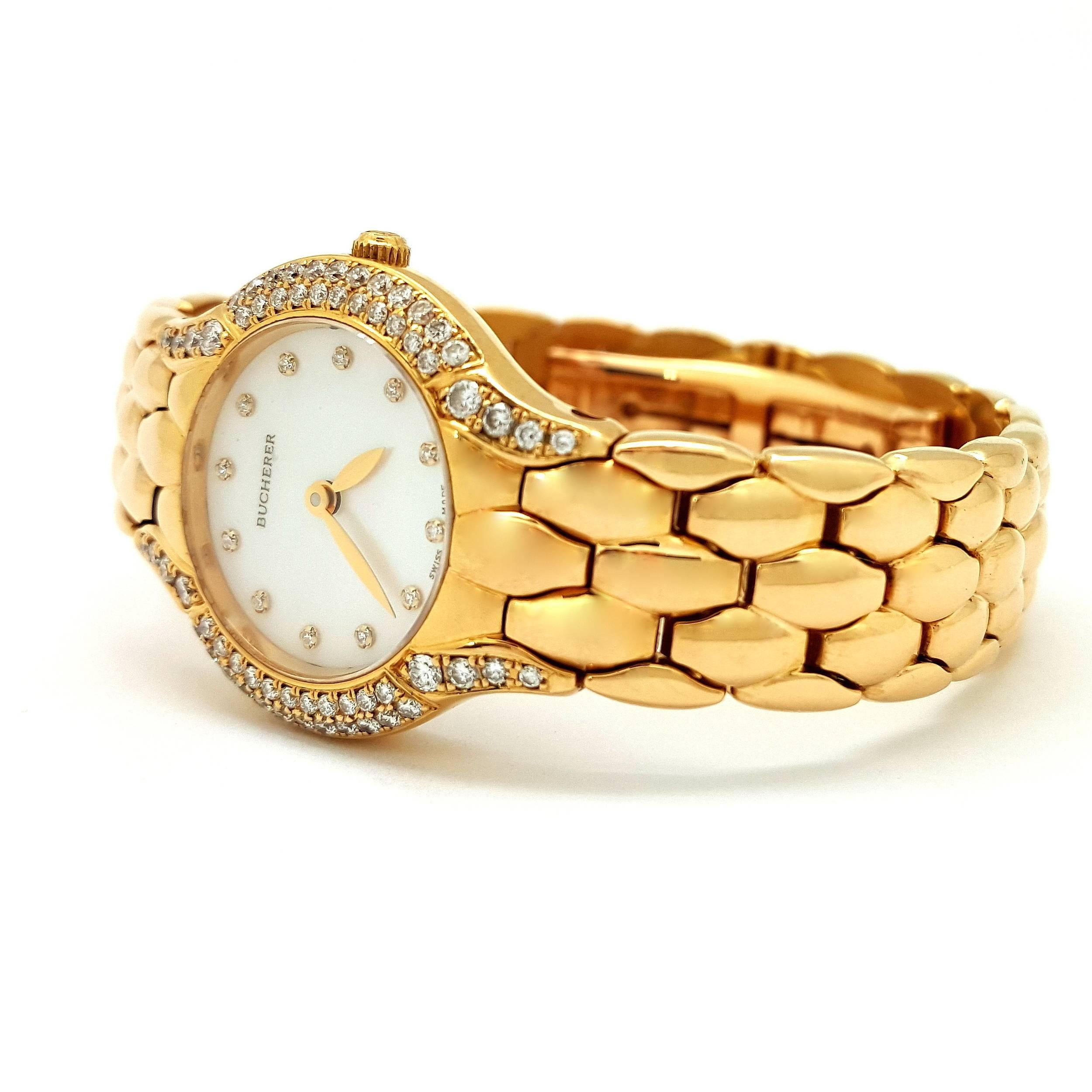 Flawless Bucherer 18k yellow watch, 24mm solid gold case covered in 60 beautiful VS quality diamonds, along with a mother of pearl dial and diamond hour markers, able to fit a 6 inch wrist. First time buyer or connoisseur of this watch will make the