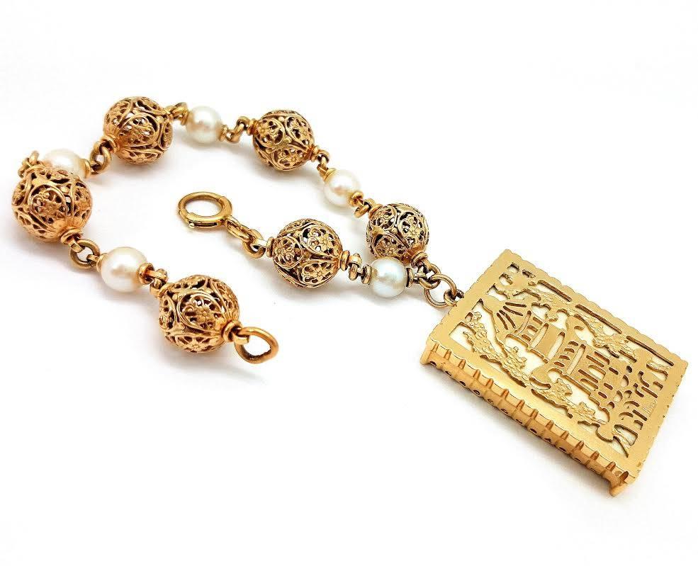 Men's Pearl Gold Bracelet With Mahjong Tile Charm  For Sale