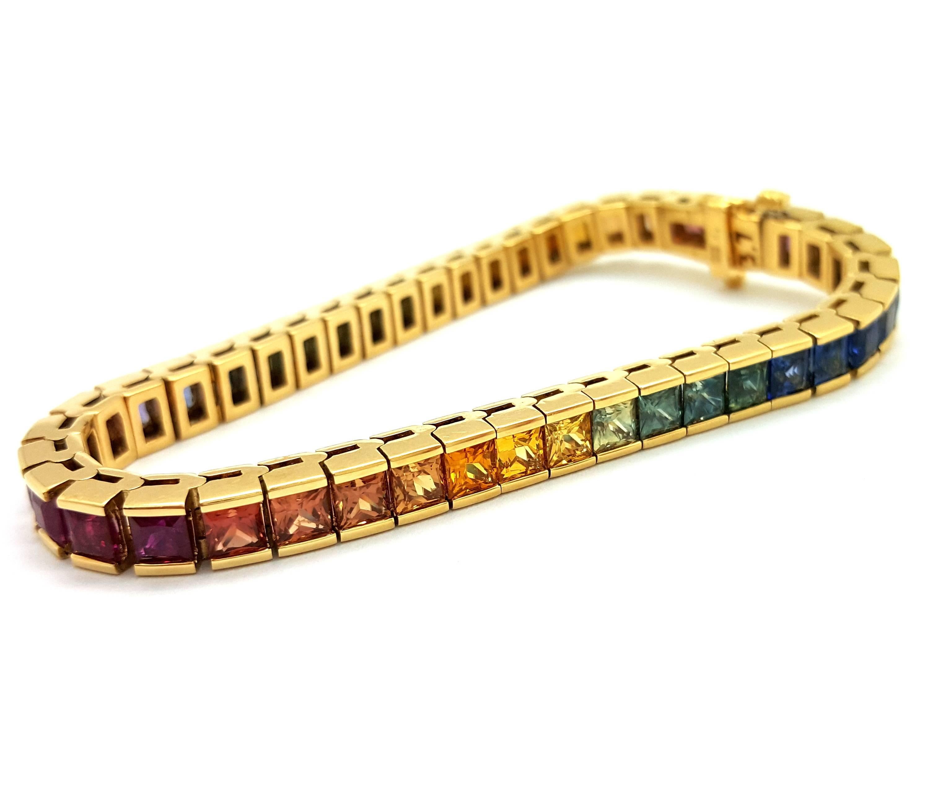 Modern Magnificent Rainbow Sapphire Gold Tennis Bracelet For Sale