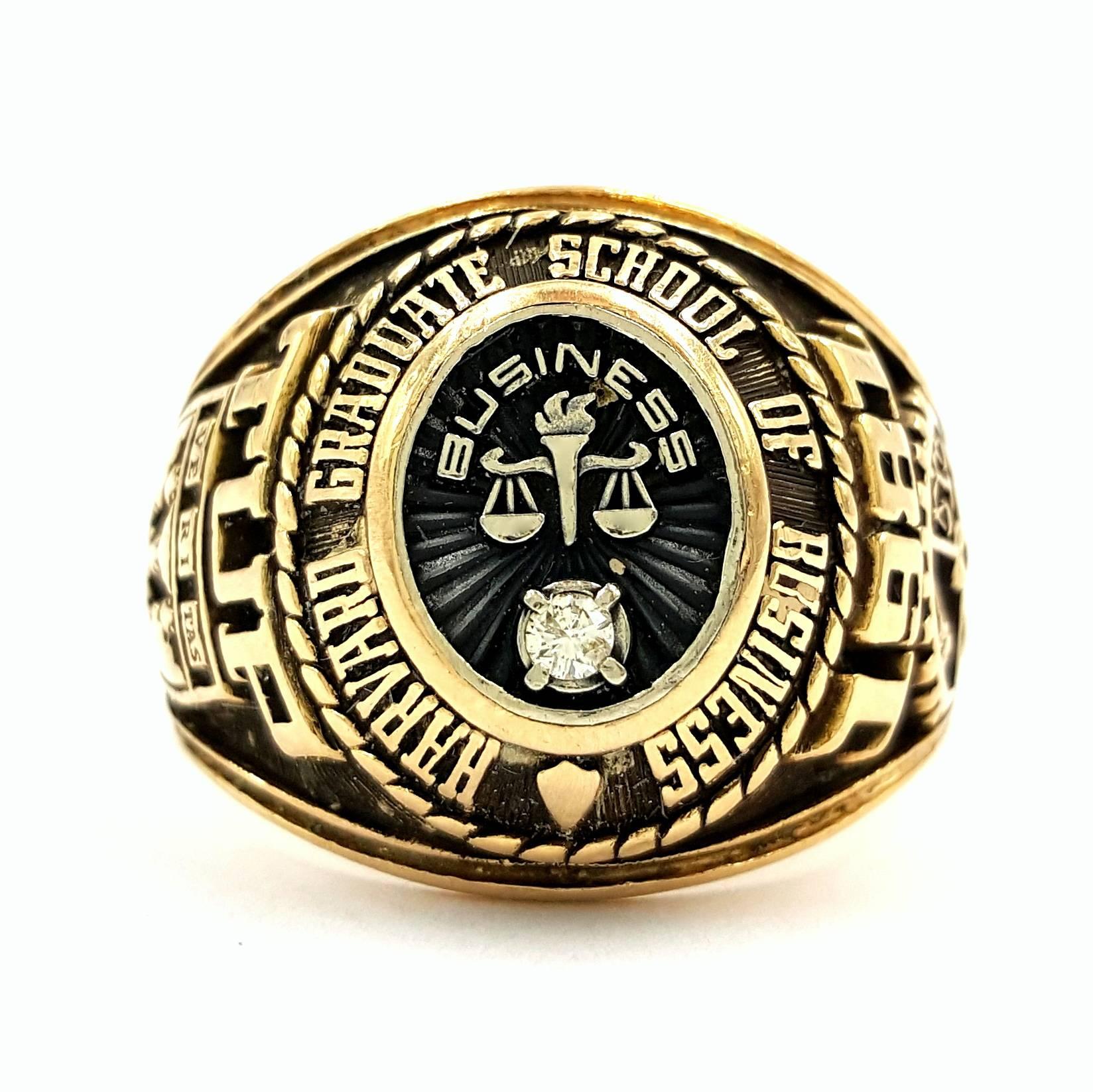 This 1981 Harvard esteemed Graduate School of Business class were issued these rings not only in the higher standard purity precious metal featuring 14kt gold with a .15 Carat featured in the center of the ring celebrating eternal innovation,